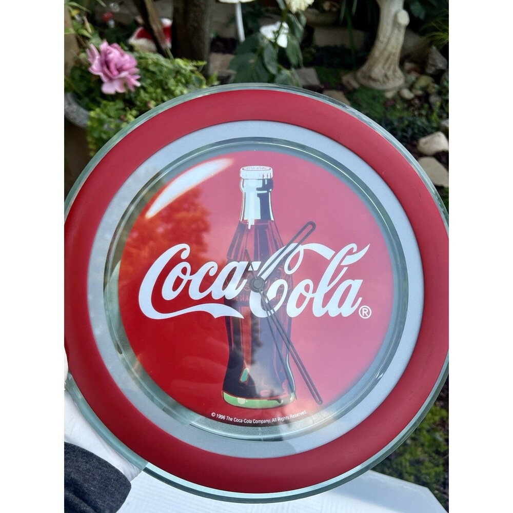 1996 Coca-Cola Glass Wall Clock Quartz Bottle Logo Red Silver Vintage Decor